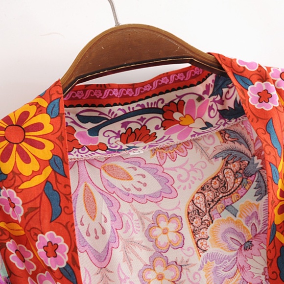 Boho Floral Print Belted Kimono Cover up Beach Red - Picture 4 of 8